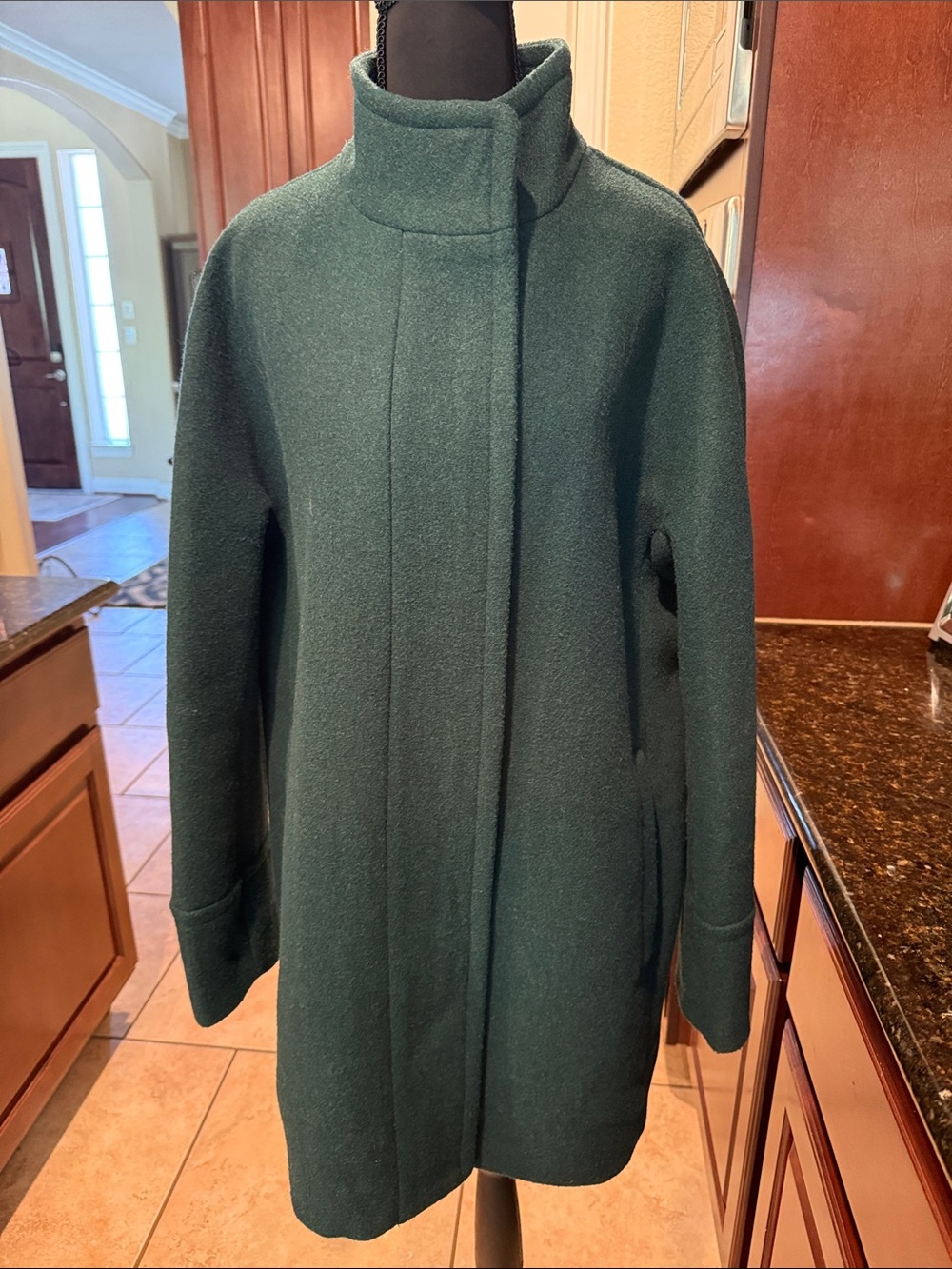 J Crew City Coat, Wool Blend, Forest Green Funnel Collar Size 14